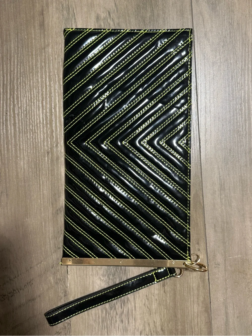 Black Patent Faux Leather Wristlet Clutch Neon Chevron Stitching Gold Hardware